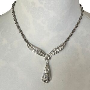 Vintage Silver-Tone Rhinestone Pendant Necklace Art Deco Style